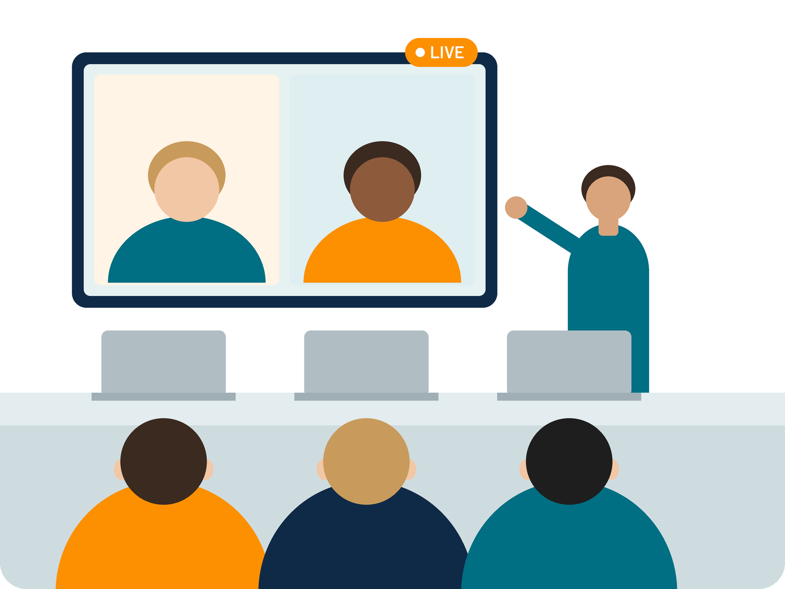 Grafik Hybridseminar bei PC-COLLEGE mit Teilnehmern vor Ort und online
